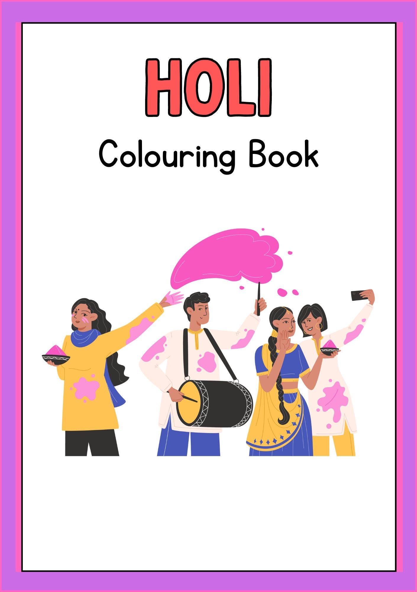 Pink framed cover of a digital download colouring book for holi celebrations by technicolour corner. 