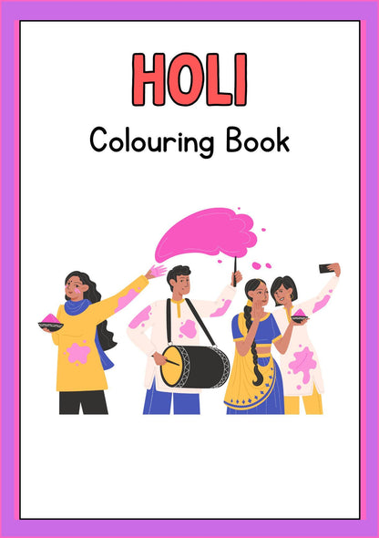 Pink framed cover of a digital download colouring book for holi celebrations by technicolour corner. 