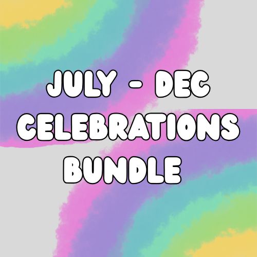 Colorful abstract background with 'JULY - DEC CELEBRATIONS BUNDLE' text for the collection of colouring pages based on these celebrations