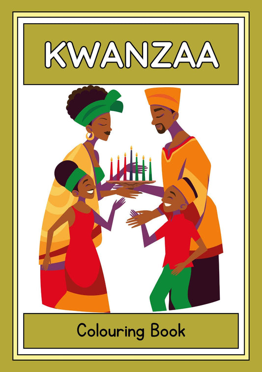 Cover of the Kwanzaa Colouring Book featuring an illustration of a diverse family celebrating with candles and traditional attire.