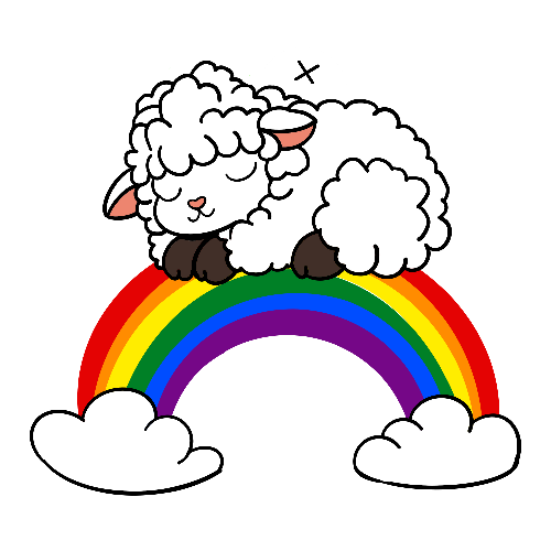 A cute cartoon illustration of a white fluffy sheep resting on a rainbow arching over two white clouds, on a plain white background.