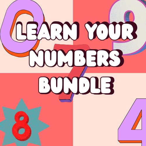 Colourful numbers with text 'Learn Your Numbers Bundle' on a pink and orange background
