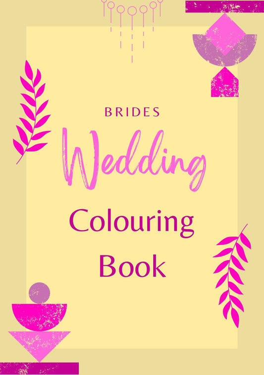 A digital cover of a wedding colouring book with pink and purple floral patterns and text that reads 'Brides Wedding Colouring Book' for lesbian weddings.