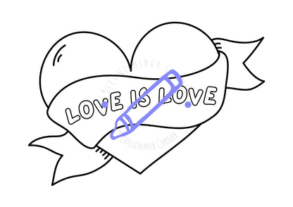 LGBT pride colouring page of a heart with a banner reading love is love