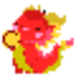 Illustration of a cute red creature with yellow hair and a yellow flower, holding a gold medal for a gift tag