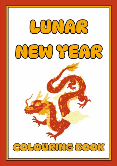 Red framed colouring book cover from technicolour corner to celebrate the lunar new year showing a red and gold dragon 