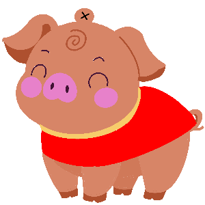 Cartoon pig wearing a red outfit on a gift tag