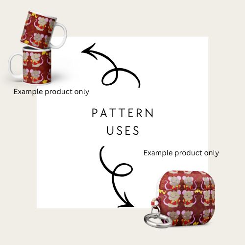 Examples of how to use the hand drawn seamless file from technicolour corner showing rats celebrating the lunar new year on a red background