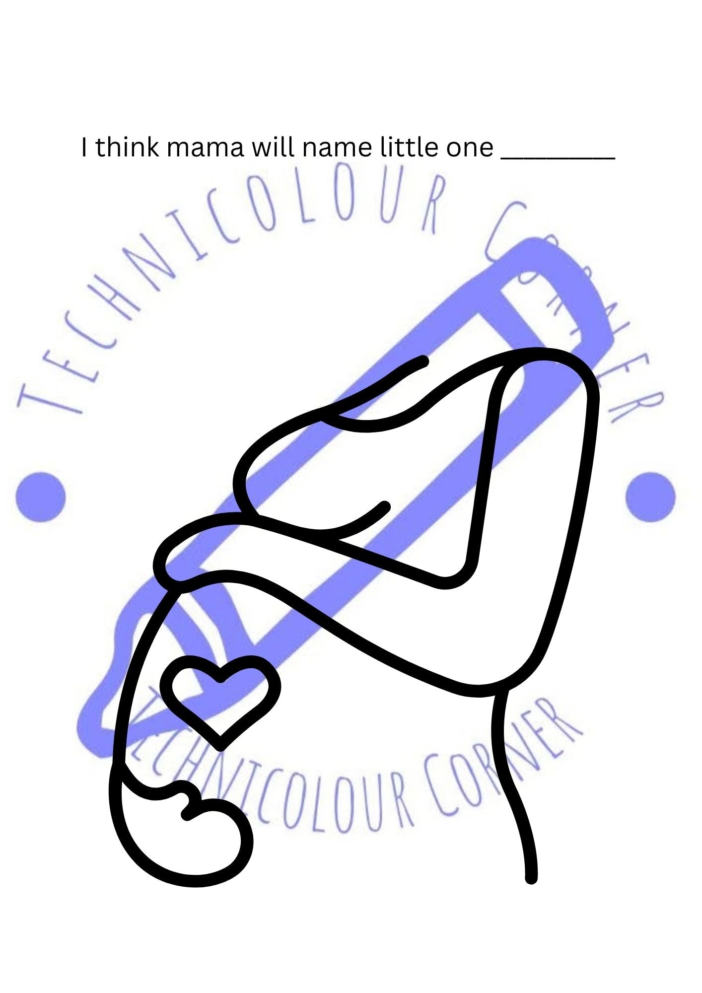 Colouring page for the baby shower with a guess on the baby name