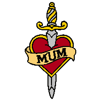 Dagger with a heart and 'MUM' banner on a white background gift tag