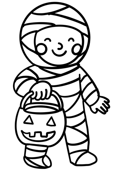 Black and white cartoon line art of a child dressed as a mummy holding a jack-o'-lantern bucket, suitable for coloring or printing.