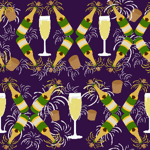 Pattern of champagne bottles, glasses, and fireworks on a purple background