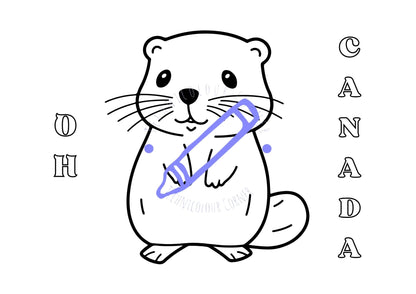 A colouring page with a cartoon moose and the text 'CANADA' with a heart symbol replacing the letter 'A'. The page is marked with a blue approval stamp.