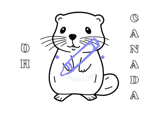 A colouring page with a cartoon moose and the text 'CANADA' with a heart symbol replacing the letter 'A'. The page is marked with a blue approval stamp.