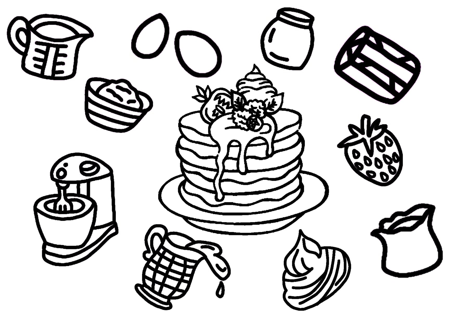 A coloring page with a variety of items related to Pancake Day, including pancakes, syrup, strawberries, and other breakfast foods.