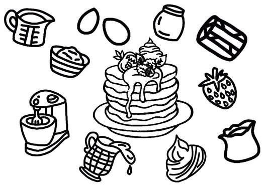 A coloring page with a variety of items related to Pancake Day, including pancakes, syrup, strawberries, and other breakfast foods.