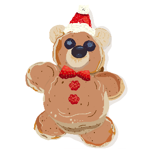 A stylized illustrated gingerbread bear wearing a red Santa hat, red bow tie, and red berry buttons on a plain white background.