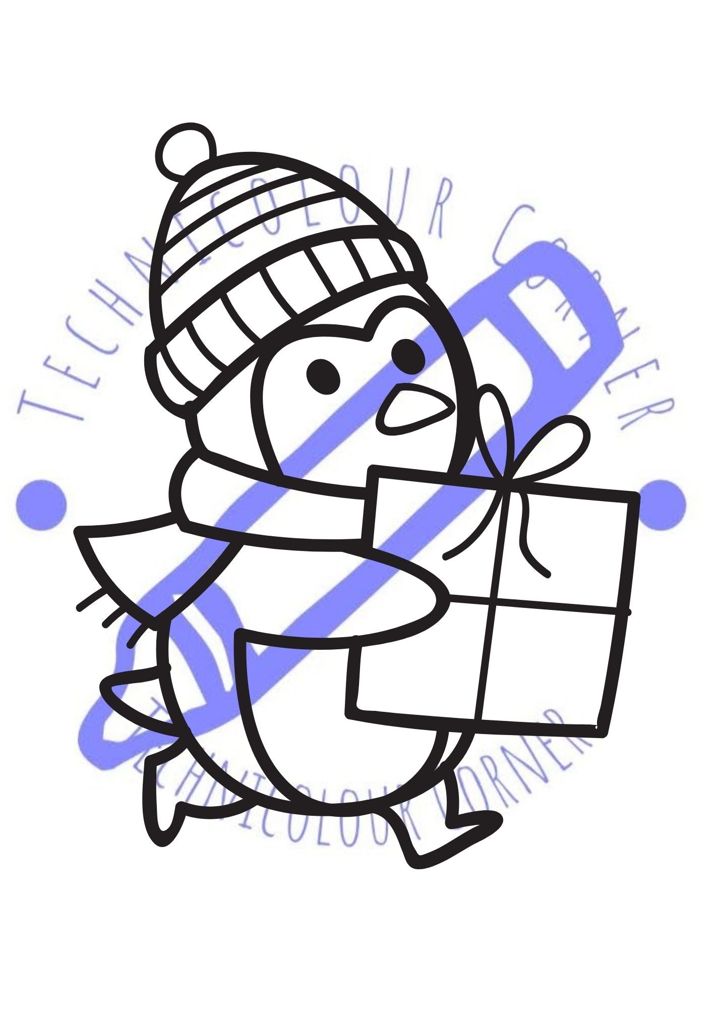 Christmas Colouring Page of a penguin giving a christmas gift