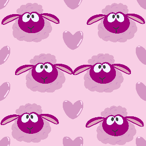 Pattern of purple sheep with pink hearts on a pink background