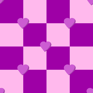 Checkered pattern with purple and pink squares and small purple hearts.