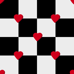 Checkered pattern with red hearts on a black and white background