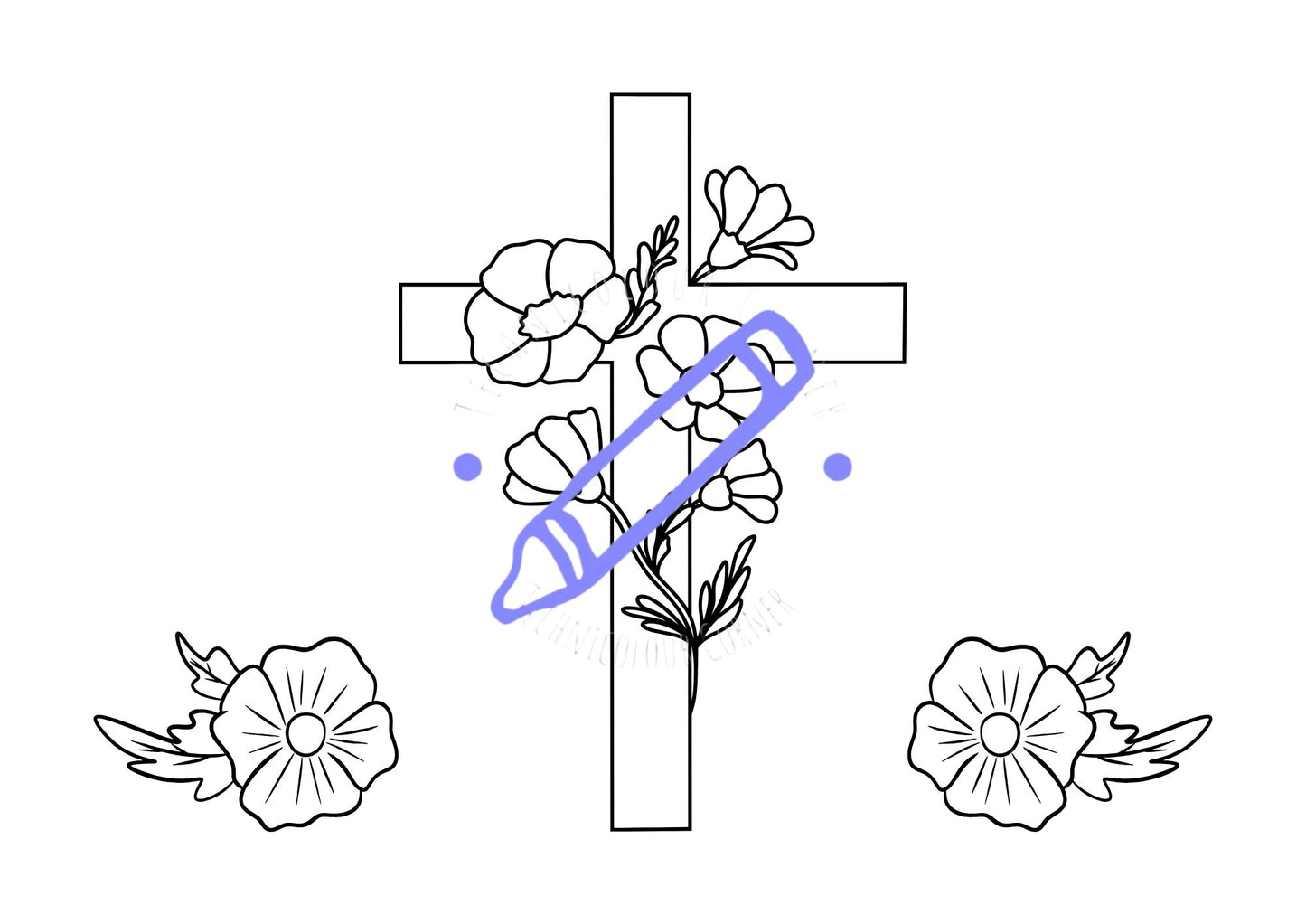 Colouring page of a cross with poppies curled around it for poppy remembrance day