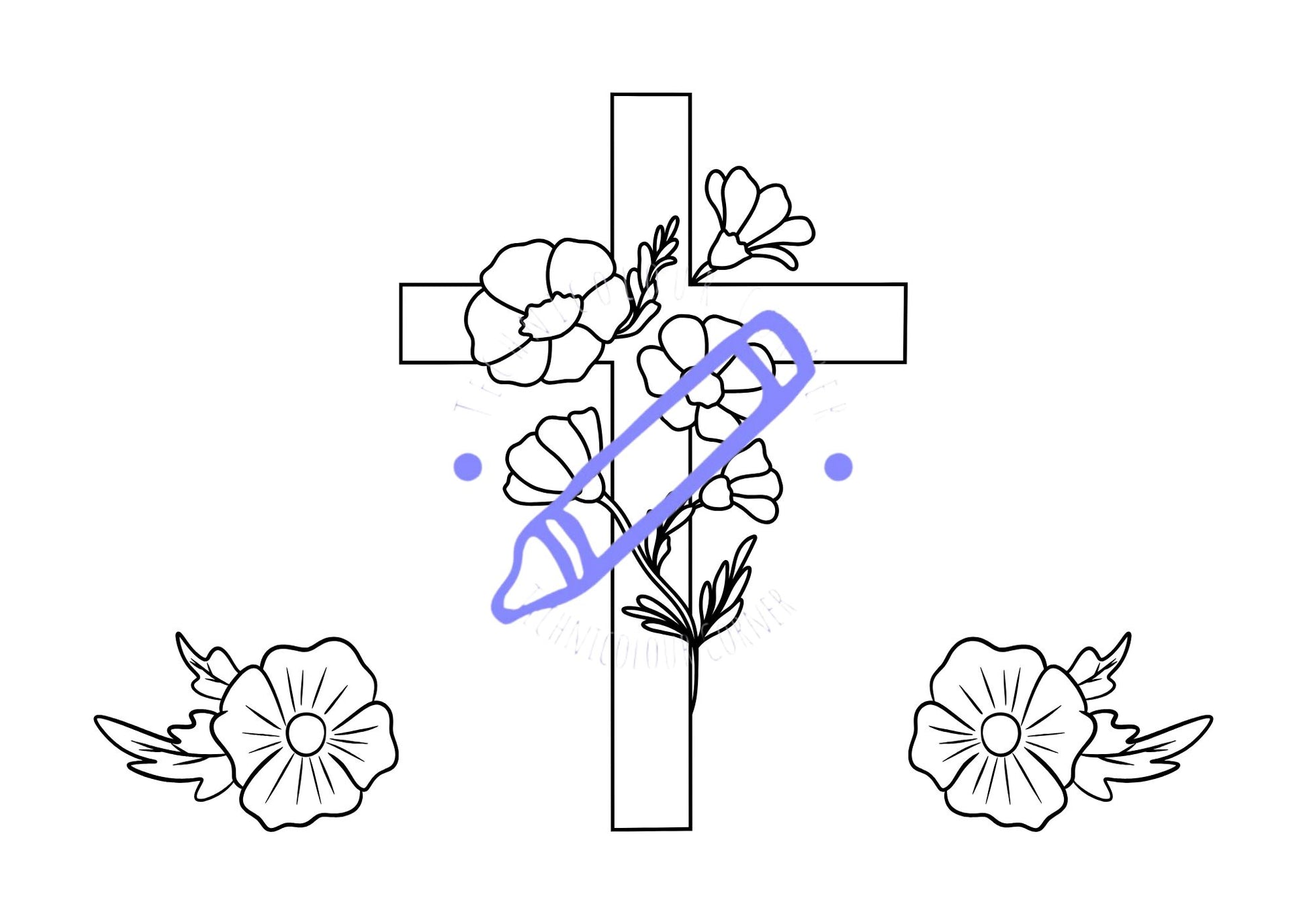 Colouring page of a cross with poppies curled around it for poppy remembrance day