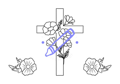Colouring page of a cross with poppies curled around it for poppy remembrance day