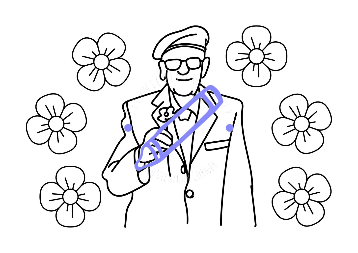 Colouring page of an old solider and poppies celebrating remembrance day