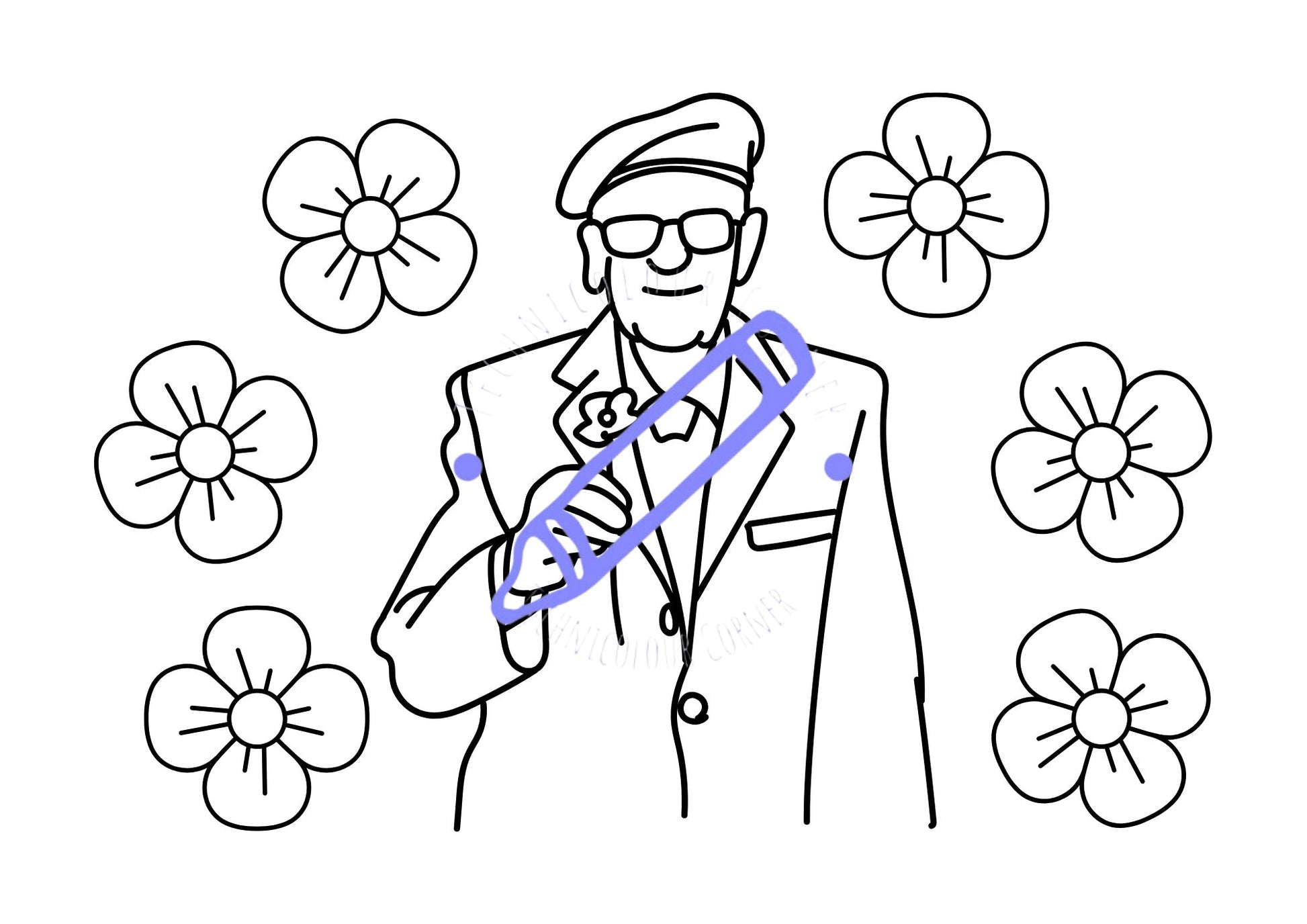 Colouring page of an old solider and poppies celebrating remembrance day