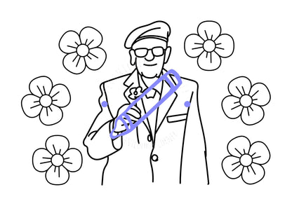 Colouring page of an old solider and poppies celebrating remembrance day