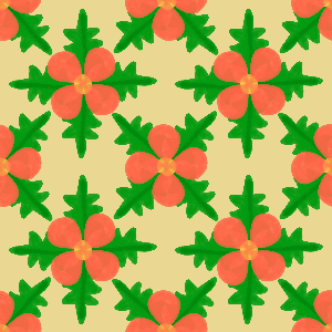 Pattern of red flowers with green leaves on a beige background