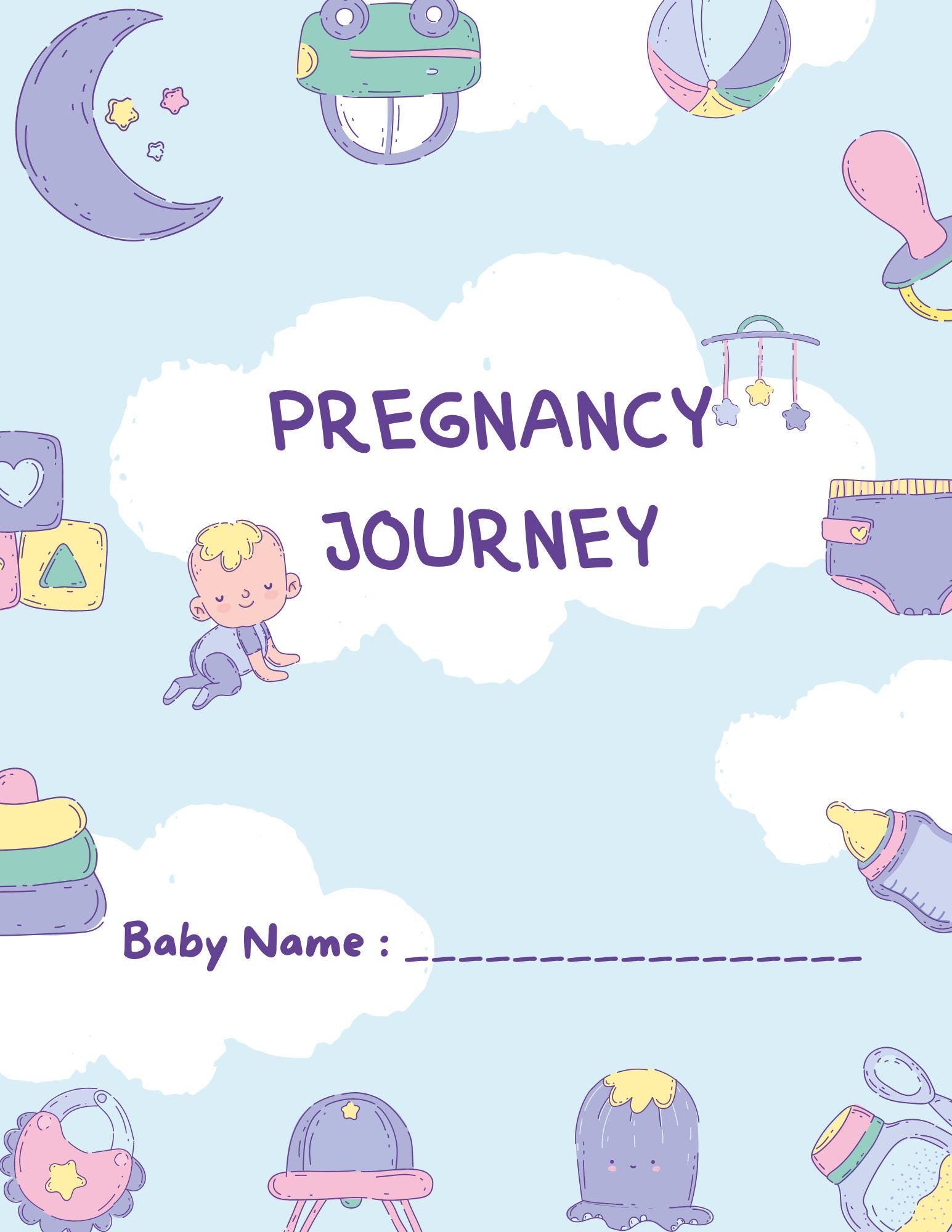 Cover page of a pregnancy journal with the title 'Pregnancy Journey' and spaces for baby name, decorated with baby-themed illustrations such as a moon, a baby face, a stork, and various baby accessories.