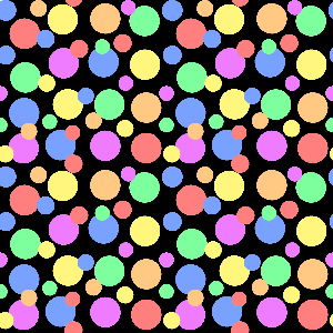 Pattern of colorful polka dots on a black background