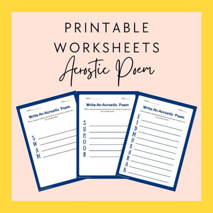 Three printable acrostic poem worksheets on a pink background with text 'Printable Worksheets Acrostic Poem'.