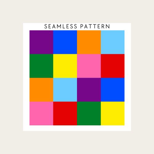 Colourful square pattern with the word 'Seamless Pattern' on a beige background