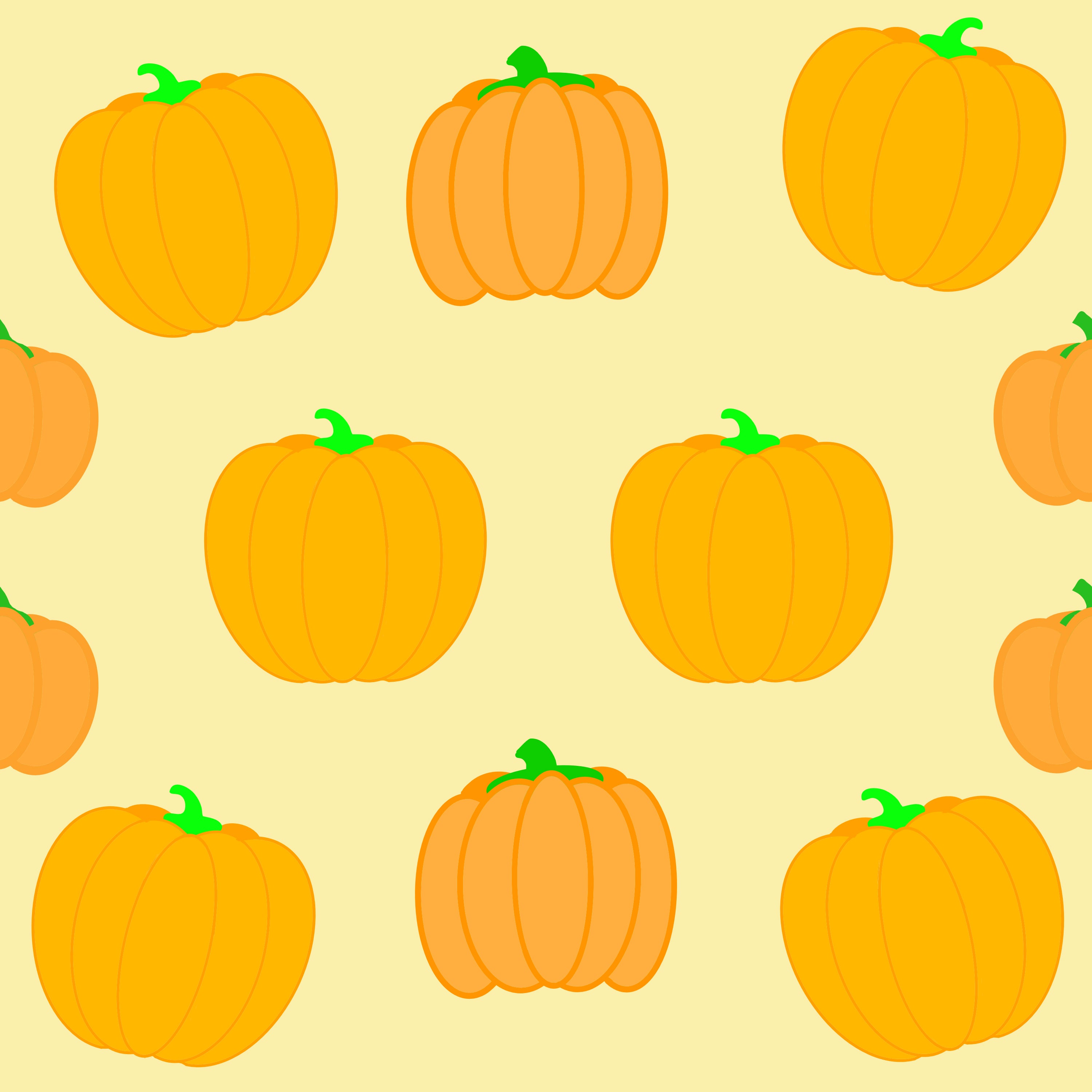 Pattern of orange pumpkins with green stems on a yellow background to celebrate halloween