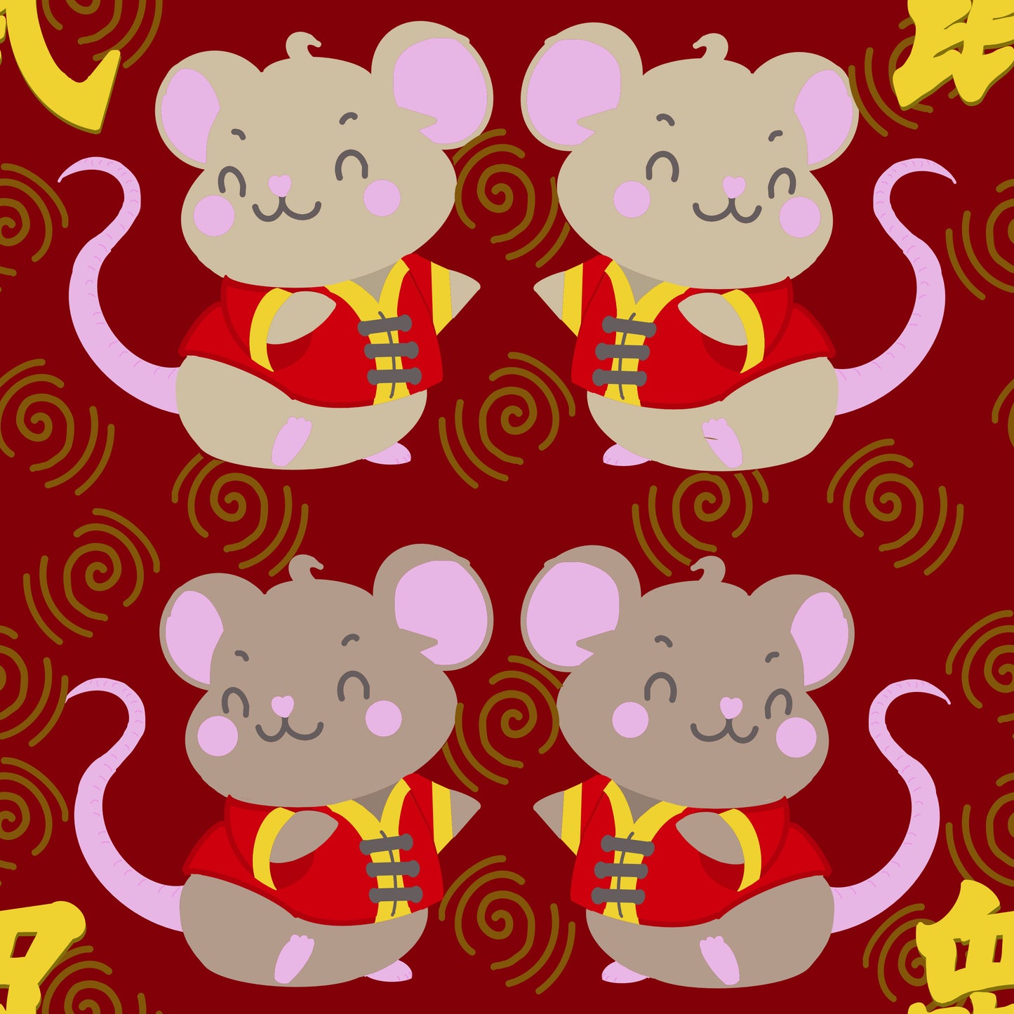 Hand drawn seamless file from technicolour corner of cartoon rats in red and gold outfits celebrating the lunar new year