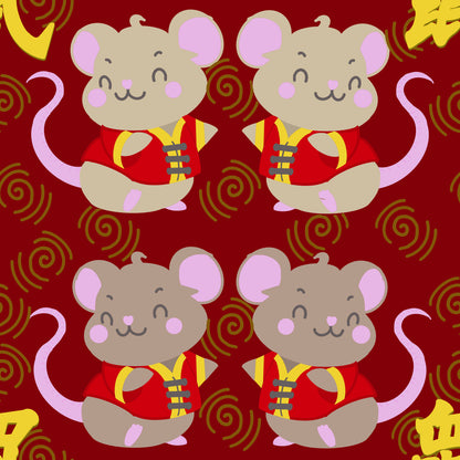 Hand drawn seamless file from technicolour corner of cartoon rats in red and gold outfits celebrating the lunar new year