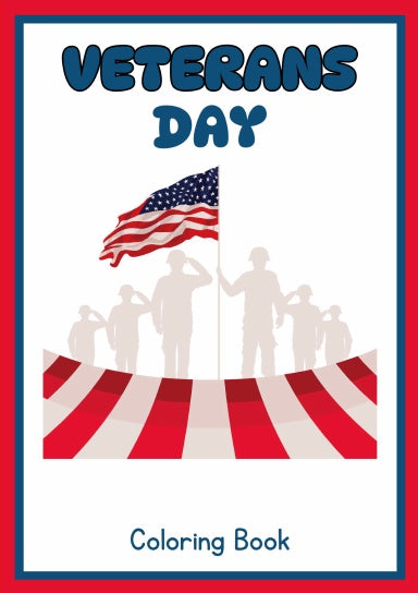 Red frame to a colouring page on veterans day with an american flag and soldiers on the cover