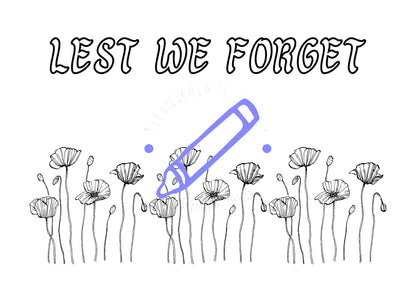 A coloring page with a floral pattern and the text 'LEST WE FORGET' across the top. A highlighted area on the page reveals a hidden image.