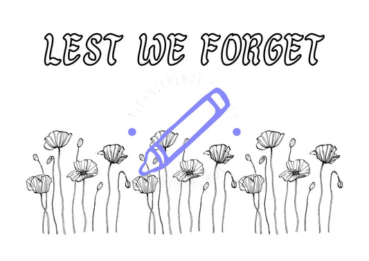 A coloring page with a floral pattern and the text 'LEST WE FORGET' across the top. A highlighted area on the page reveals a hidden image.