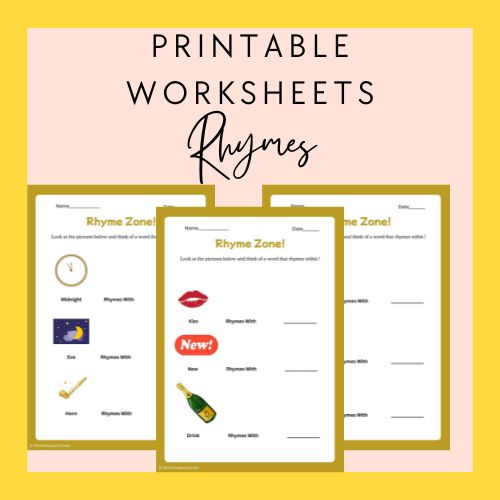 Three printable worksheets titled 'Rhyme Zone' on a yellow and pink background.