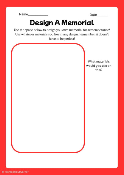 Design a Memorial worksheet with a red border and text prompts.