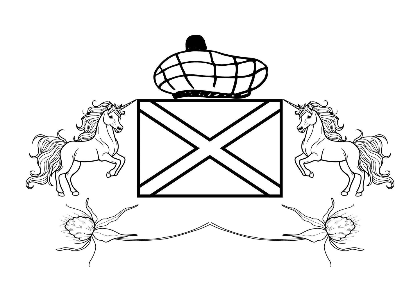 Colouring page showing unicorns and a tam o shanter for colouring page celebrating st andrews day