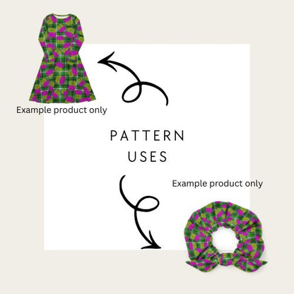 Green and purple patterned dress and scrunchie on a white background with text indicating 'Example product only' showing what you can do with the seamless file 
