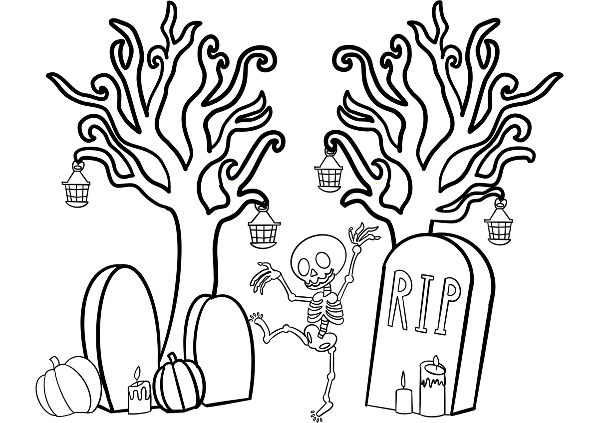 Black and white Halloween coloring page illustration featuring a skeleton dancing between two spooky trees with hanging lanterns, tombstones, pumpkins, and candles. The word 'RIP' is visible on one tombstone.