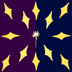 Yellow star-shaped objects on a dark purple background with a central white flower-like object.