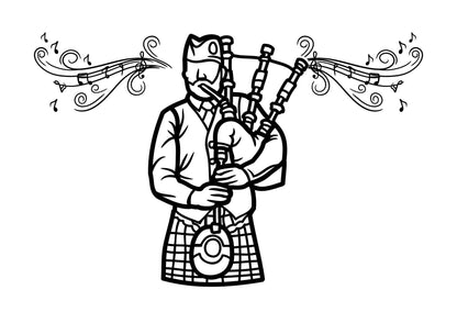 A digital coloring page featuring a black and white illustration of a person playing the bagpipes with ornate designs around it.