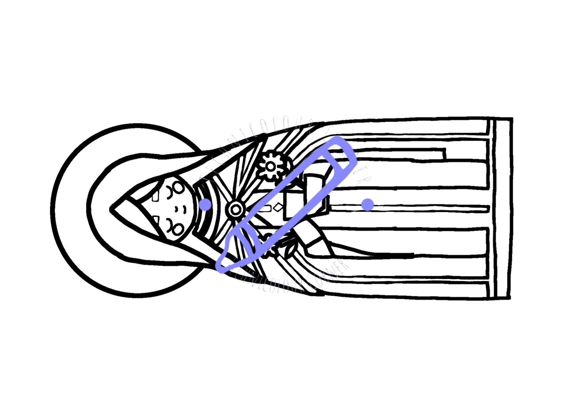 Line drawing of a coloring page featuring two stylized figures resembling St. Brigid and St. Brigid's Day motifs.